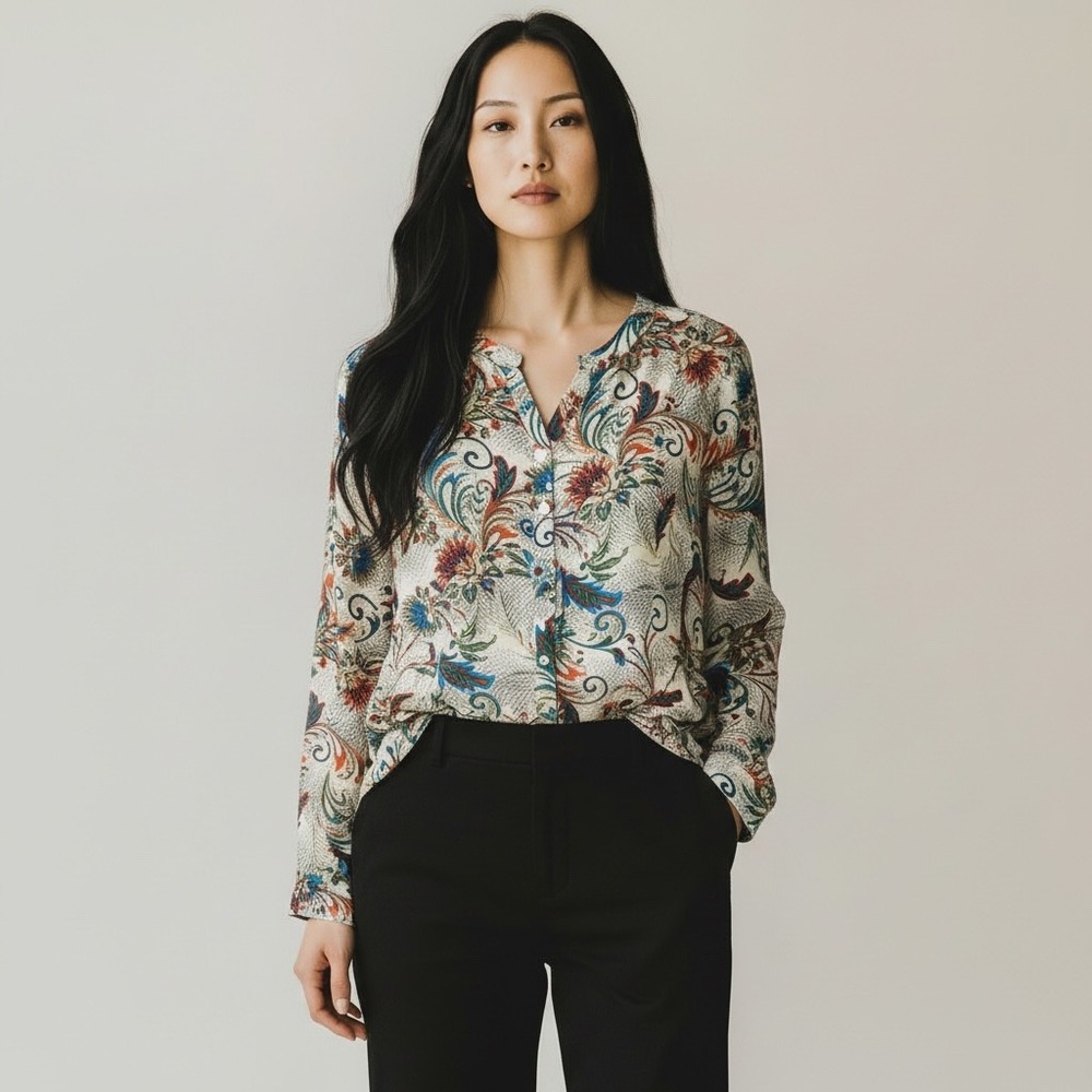 SUNDANCE Silk Paisley Blouse Up Womens Sz L Floral Boho‎ Chic Artsy Office Work